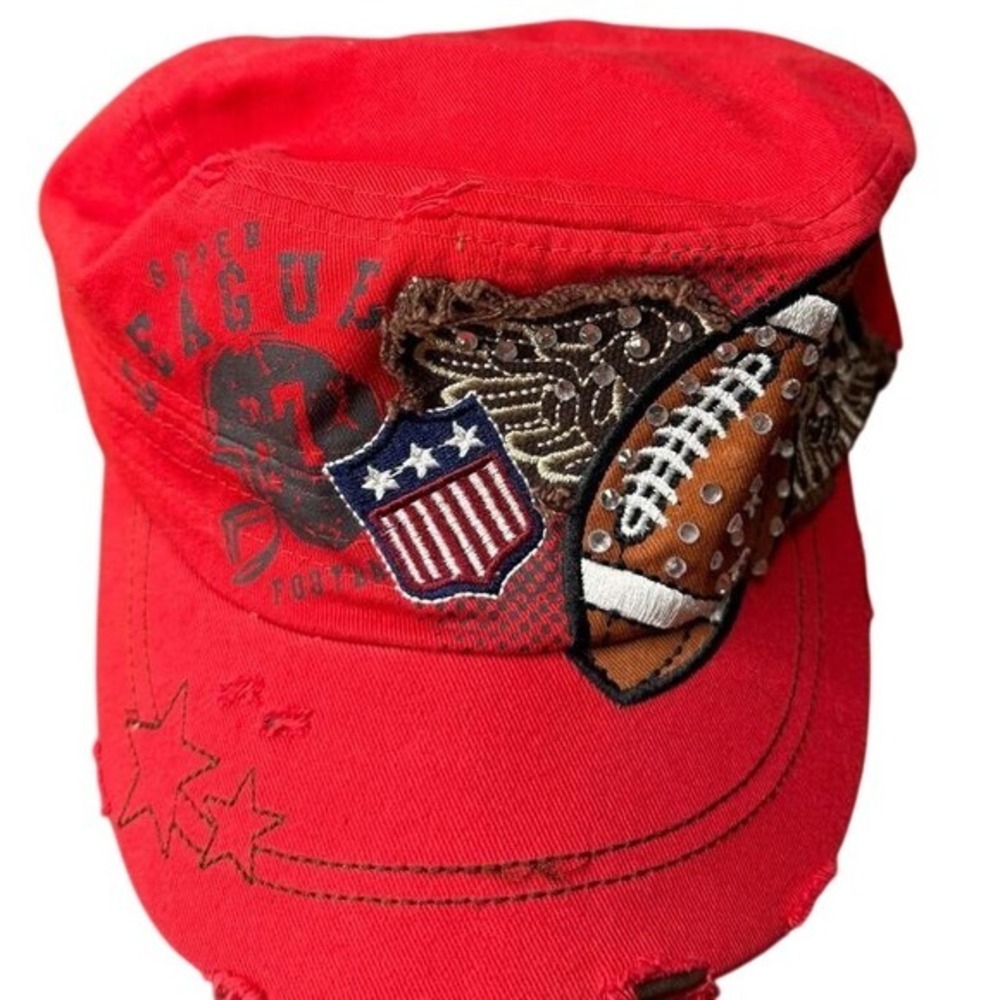 Leader LOGA Red Distressed Cadet Hat Rhinestone Football Winged Patch Y2K Cap‎